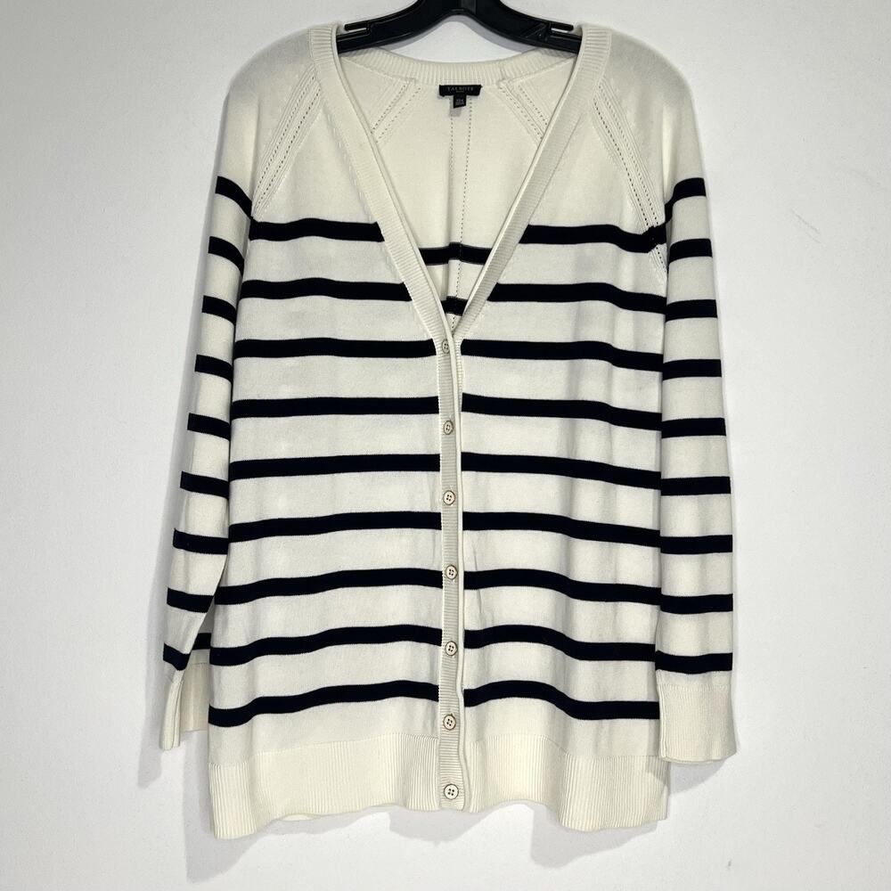 Talbots Womens Size XLp Cream Black Striped V-Neck Long Sleeve Cardigan Sweater